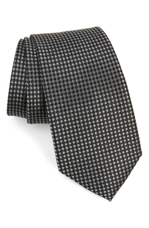 Skinny Black Tie With Silvery Checkerboard Pattern