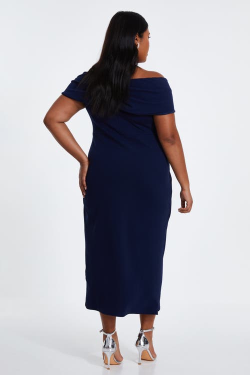 Quiz Plus Size Bardot Pleated Detail Midi Dress In Navy