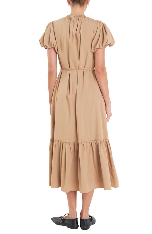 Shop English Factory Puff Sleeve Tie Belt Midi Dress In Camel