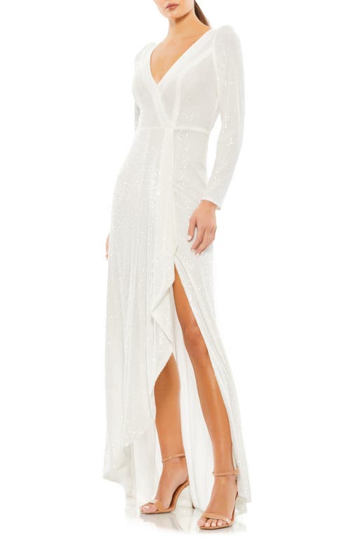Ieena for Mac Duggal Long Sleeve Sequin Wrap Gown in White