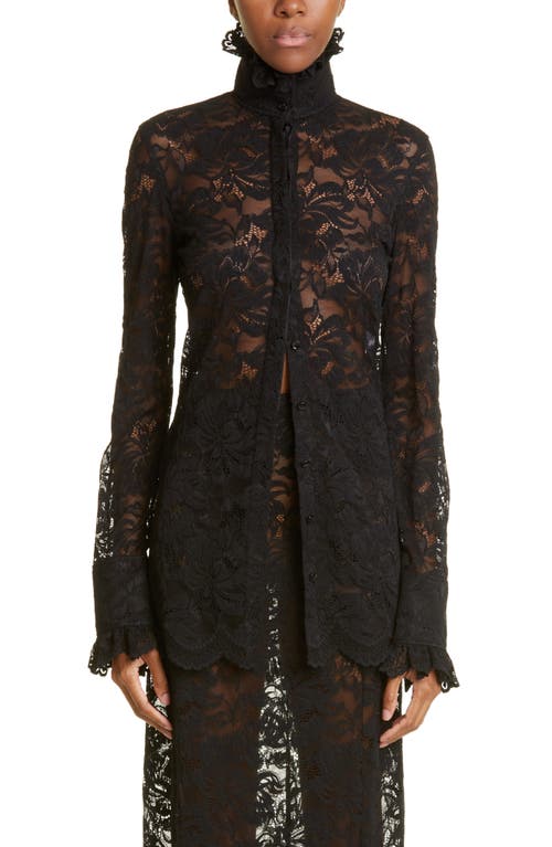 paco rabanne Semisheer Mock Neck Lace Button-Up Shirt in Black
