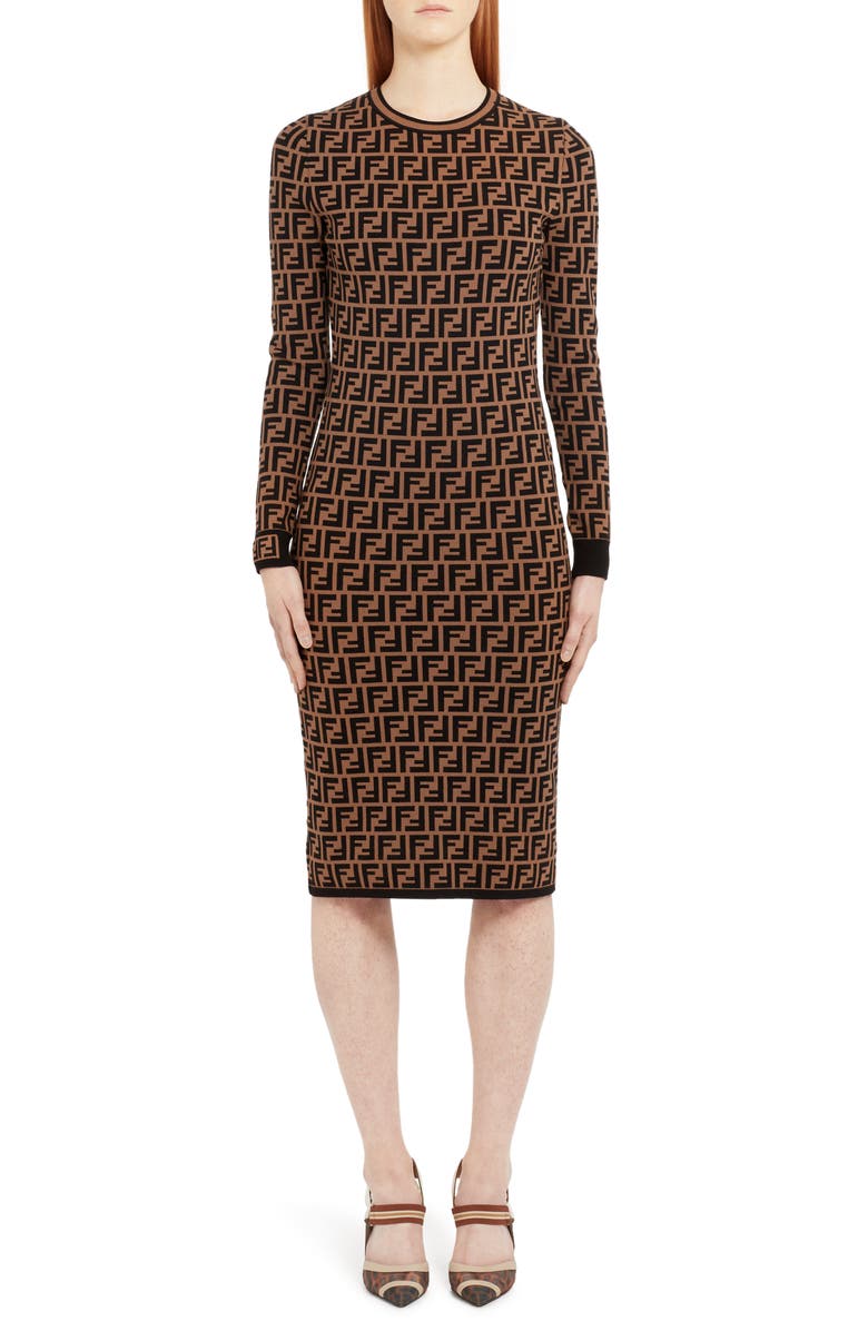 Fendi Long Sleeve Logo Jacquard Wool, Silk & Cashmere Sweater Dress