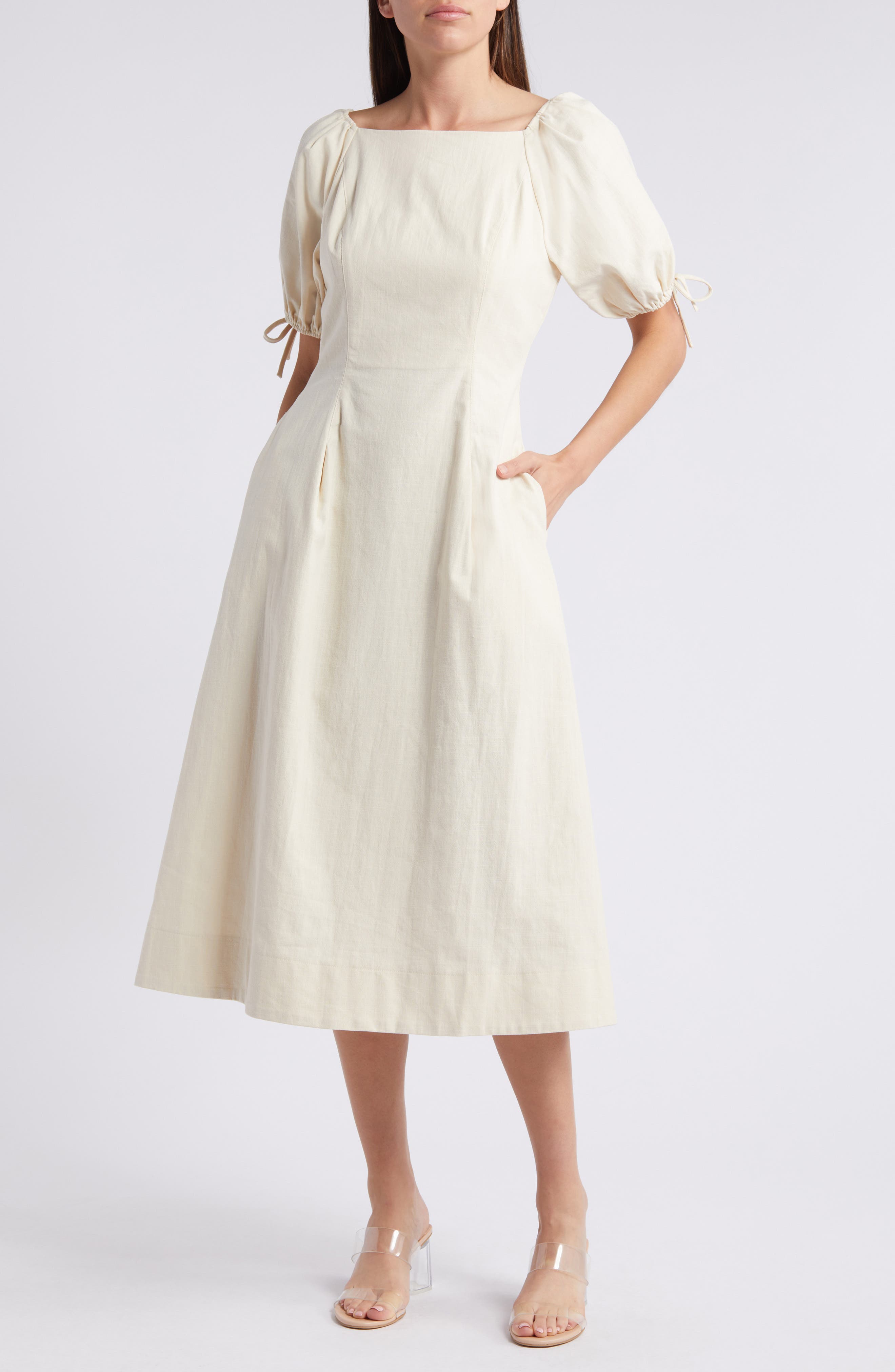 En Saison Cordelia Mixed Media Cotton & Linen Midi Dress | Nordstrom