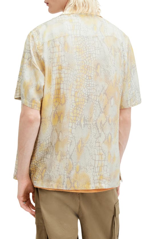 Shop Allsaints Skrale Snake Print Convertible Collar Camp Shirt In Amber Yellow