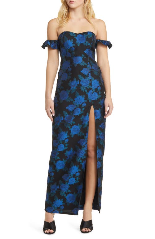 Exceptional Occasion Floral Jacquard Off the Shoulder Gown in Black/Blue