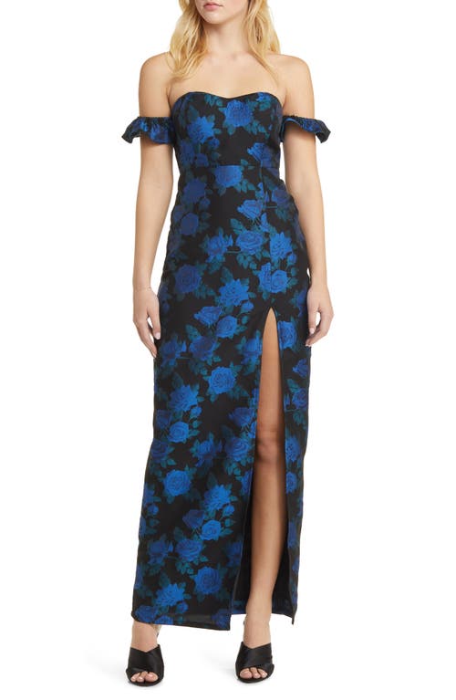 Shop Lulus Exceptional Occasion Floral Jacquard Off The Shoulder Gown In Black/blue