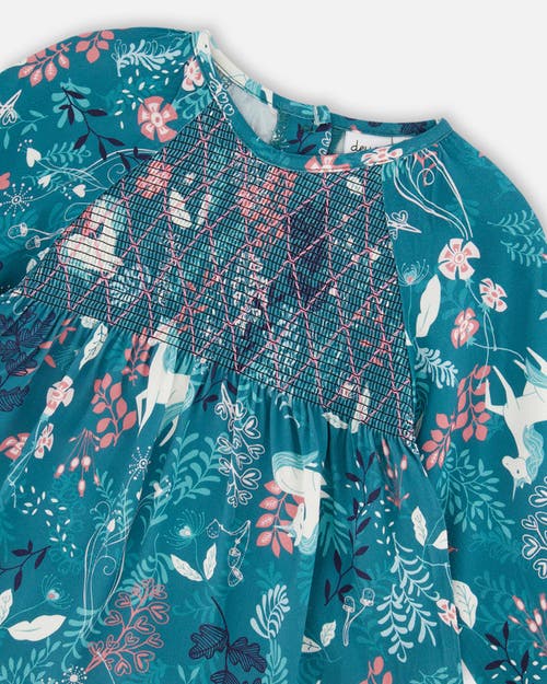 Shop Deux Par Deux Girl's Long Sleeve Viscose Blouse Turquoise Printed Fairy Unicorn In Unicorn In The Fields