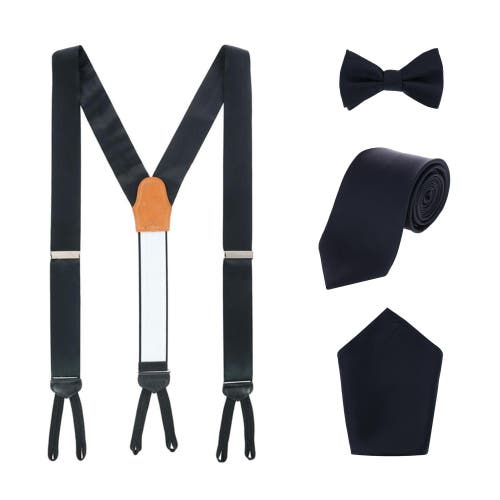 Trafalgar Sutton Solid Color Silk Brace Bow Tie Necktie And Pocket Square Set In Black