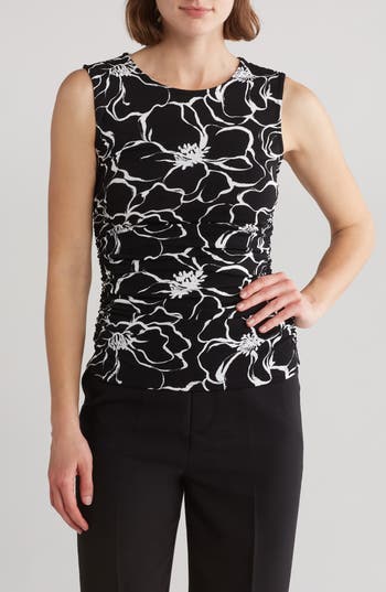 Adrianna Papell Floral Jersey Knit Tank In Black/white Exploded Floral