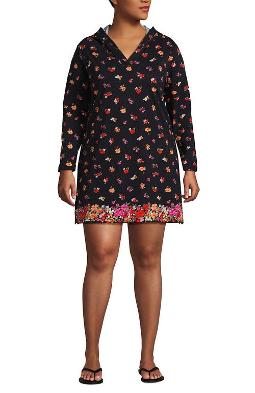 Lands' End Cotton Jersey Long Sleeve Hooded Swim Cover-up Dress In Black Meadow Floral Border