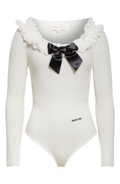 Shop Shushu-tong Shushu/tong Bow Ruffle Neck Long Sleeve Rib Bodysuit In White