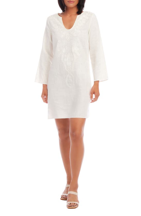 Shop Karen Kane The St. Barts Embroidered Long Sleeve Linen Blend Dress In Off White