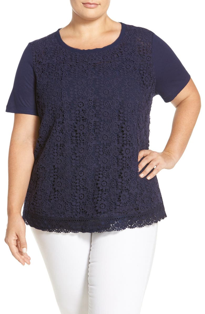 Halogen® Lace Front Short Sleeve Tee (Plus Size) | Nordstrom