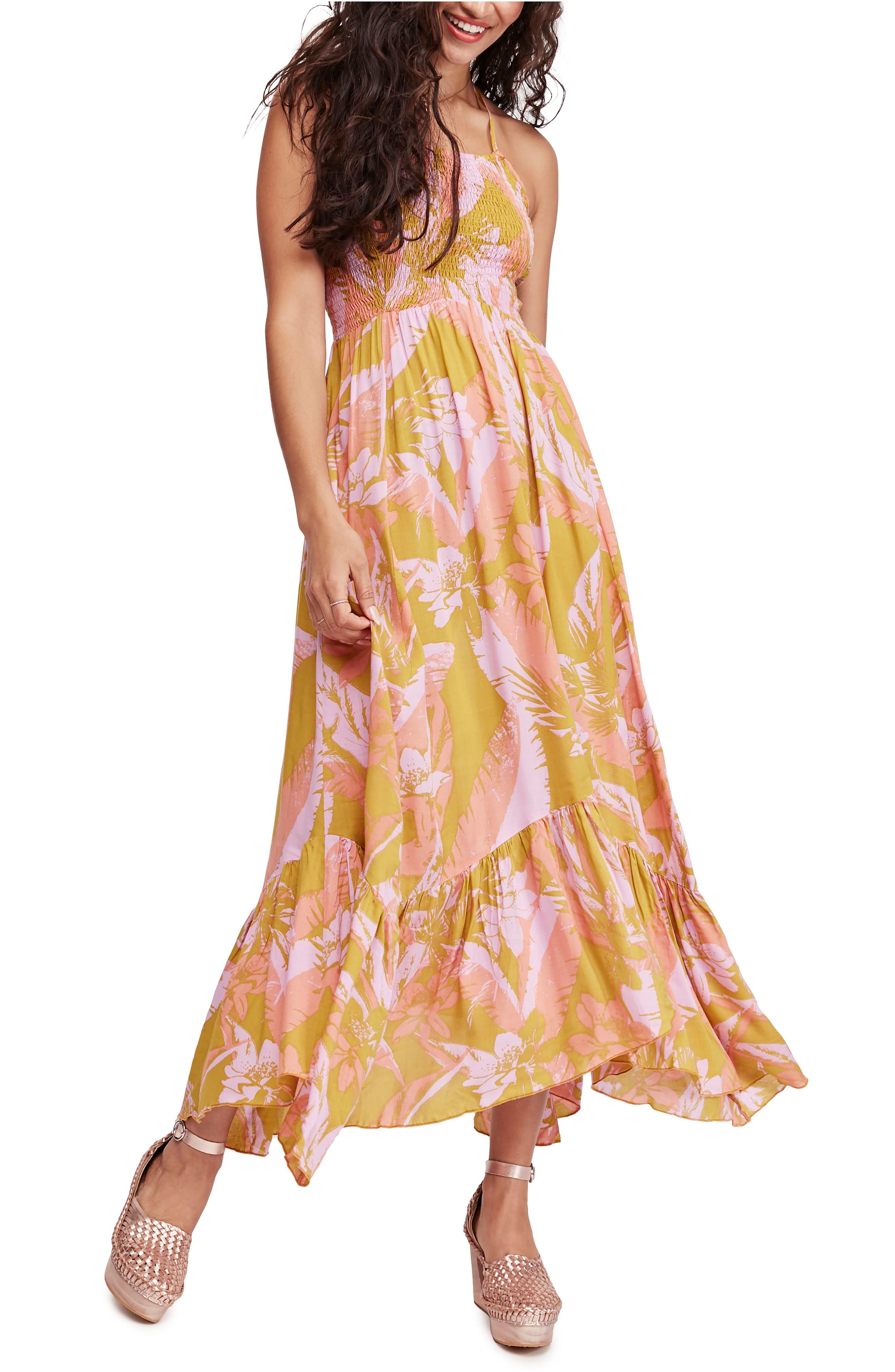 Free People Heat Wave Floral Print High/low Dress, Metallic