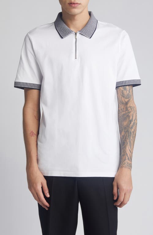 Houndstooth Collar Zip Polo in White