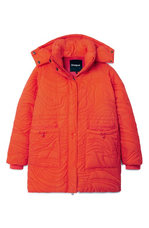 Desigual Aarhus Embroidered Quilted Coat With Removable Hood In Orange