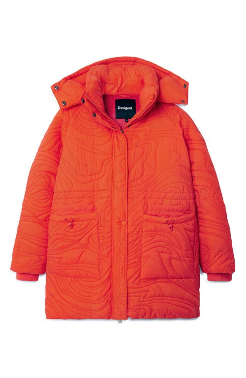 Shop Desigual Aarhus Embroidered Quilted Coat With Removable Hood In Orange