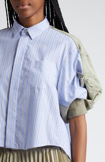 Sacai Mixed Media Stripe Puff Sleeve Cotton Poplin & Nylon Shirt