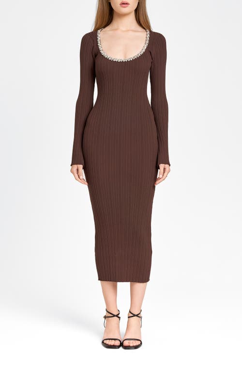 Shop Wayf Cinthia Jewel Neck Long Sleeve Rib Midi Dress In Espresso