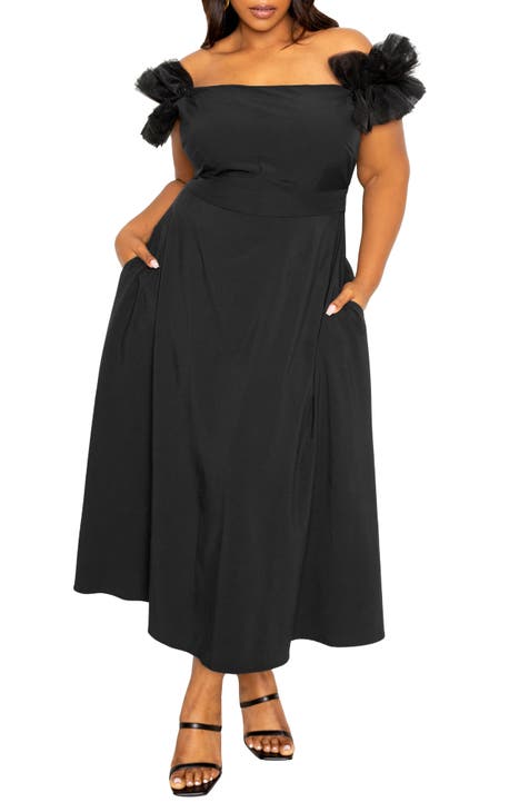 Off the Shoulder Tulle Sleeve A-Line Dress (Plus Size)