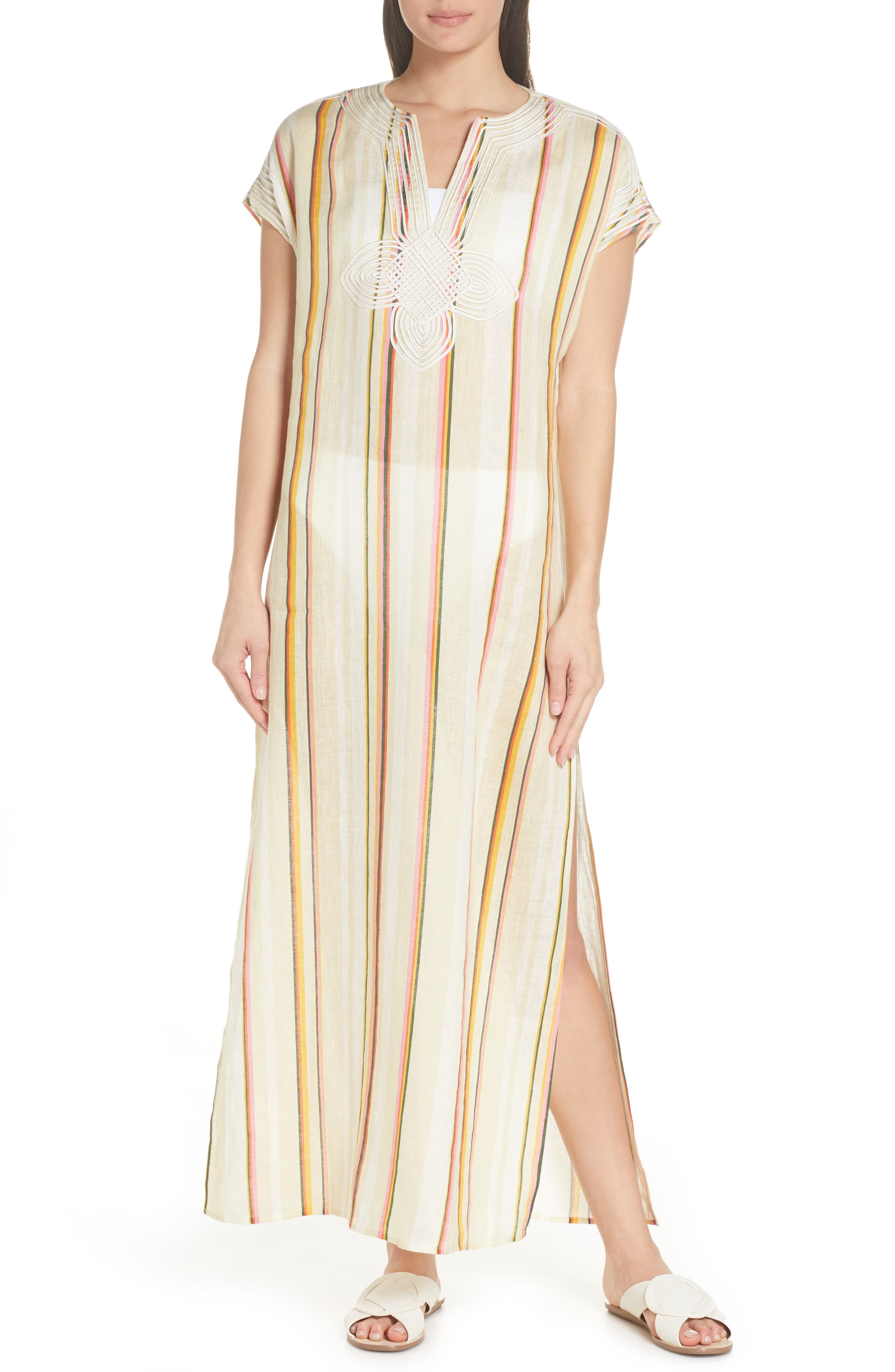 Tory Burch Awning Stripe Cover-Up Caftan, Orange