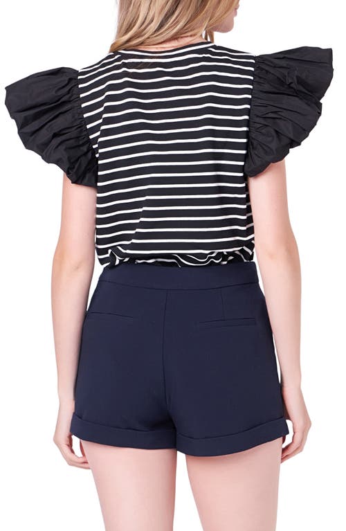 English Factory Mixed Media Stripe Ruffle Sleeve Top In Black/white