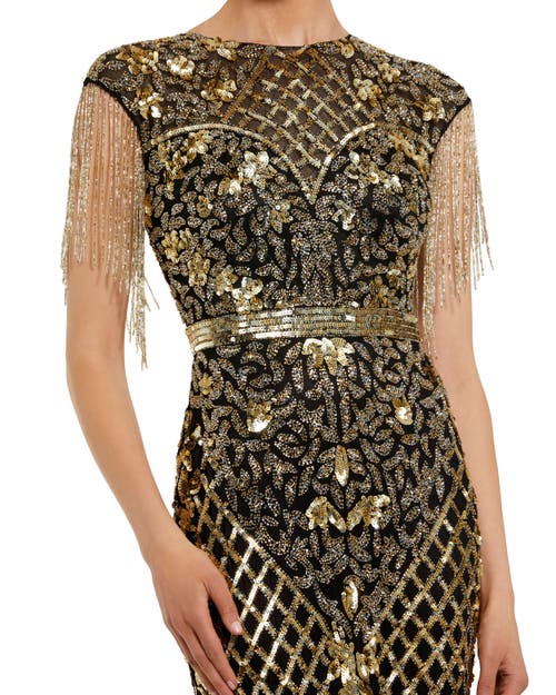 Mac Duggal High Neck Sleeveless Beaded Fringe Fitted Gown In Black Gold