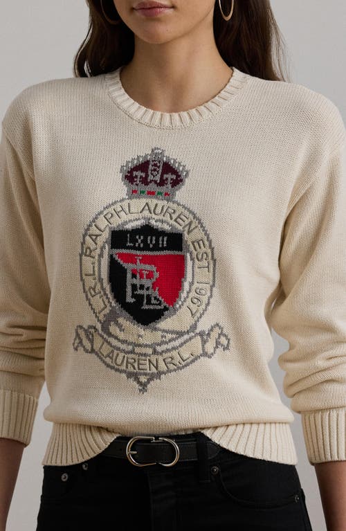 Shop Lauren Ralph Lauren Crest Cotton Graphic Crewneck Sweater In Mascarpone Cream Multi