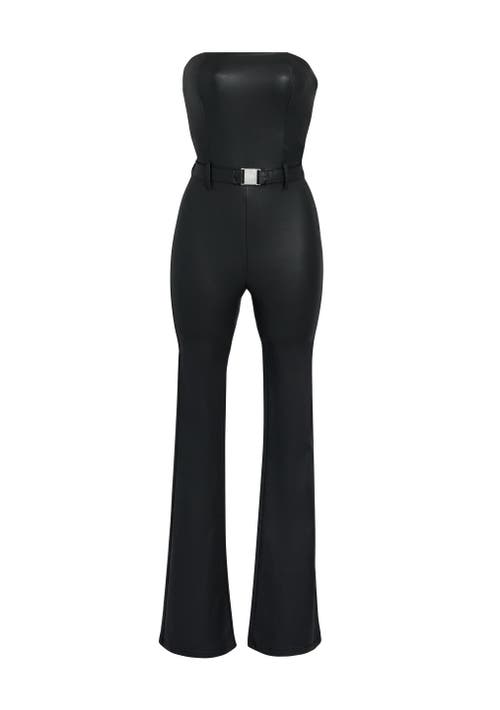 Shop Ser.o.ya Vice Coated Denim Slim Flare Jumpsuit In Coated Black