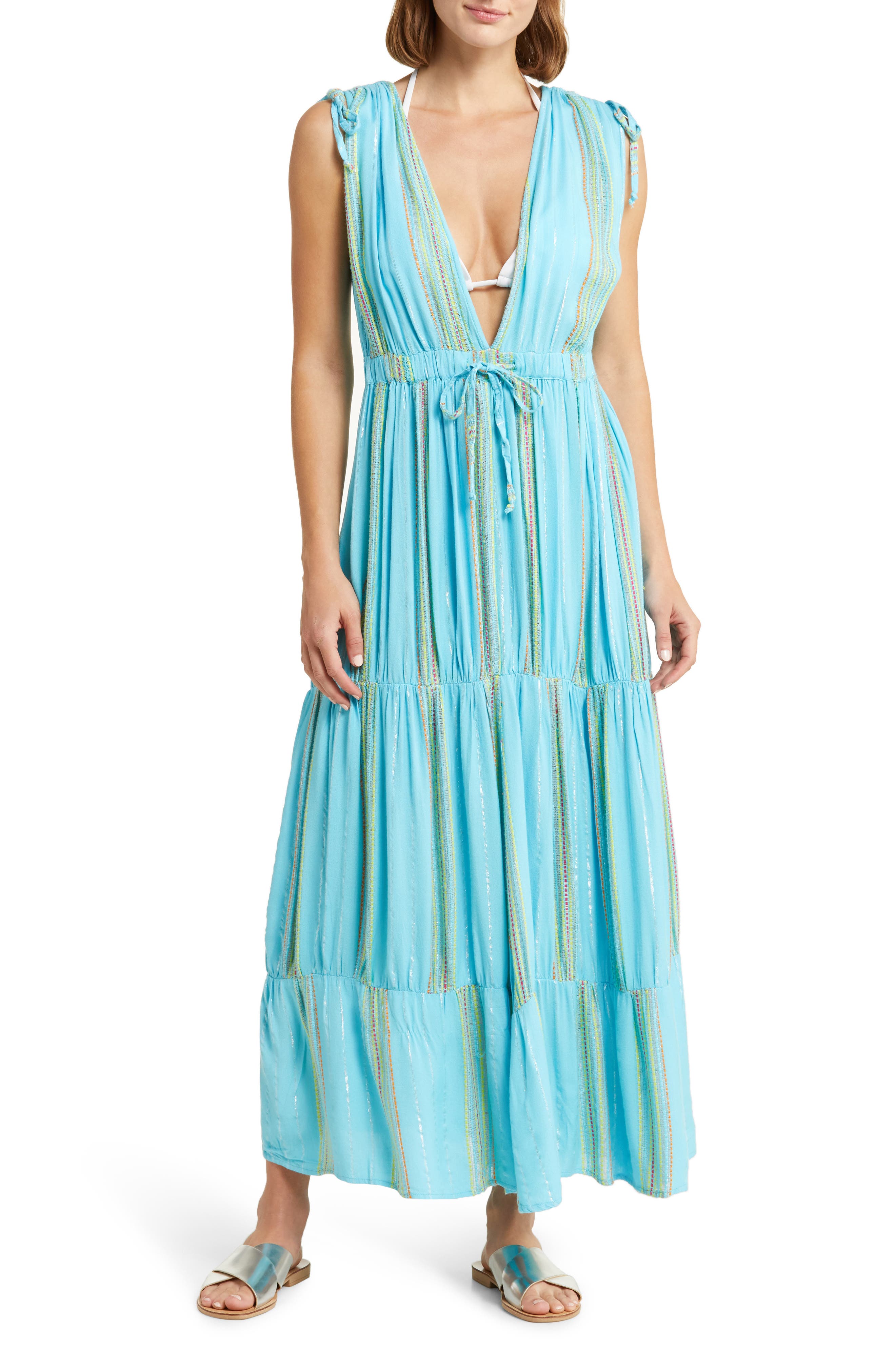 Elan Stripe Deep V Neck Cover Up Maxi Dress in Aqua Lime Stripe Smart Closet