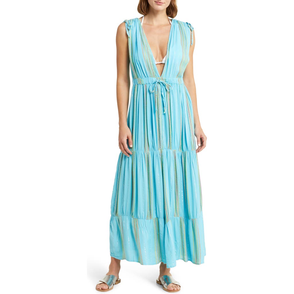 Elan Stripe Deep V-neck Cover-up Maxi Dress In Aqua/lime Stripe