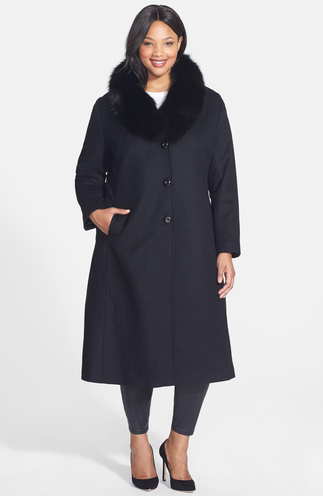 Sachi Genuine Fox Fur Collar Long Wool Blend Coat (Plus Size) Nordstrom