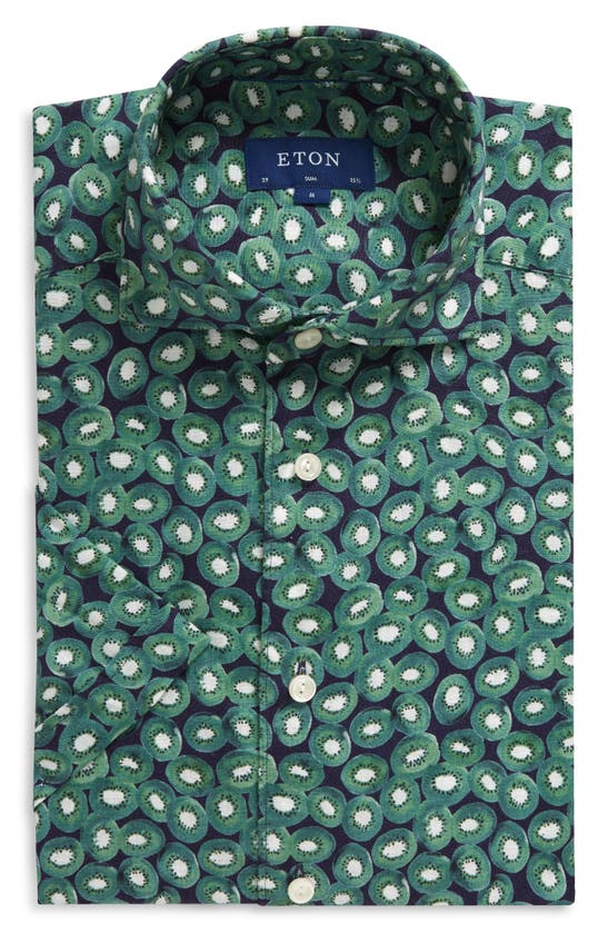 Shop Eton Slim Fit Kiwi Print Short Sleeve Linen Button-up Shirt In Medium Green