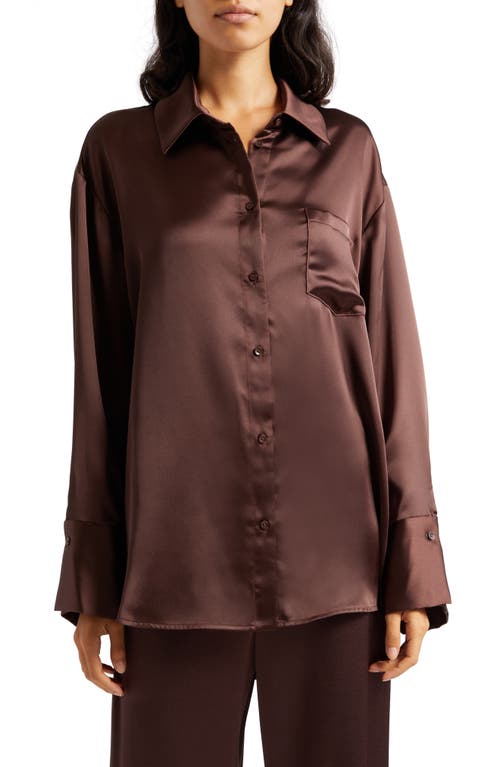Alice + Olivia Finely Oversize Satin Button-Up Shirt in Toffee