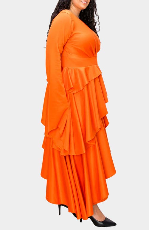 L I V D Zeta Ruffled Long Sleeve Drama Dress In Tangerine