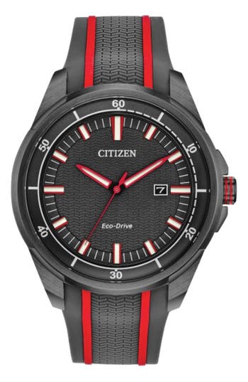 Shop Citizen Eco-drive Silicone Strap Watch, 45mm In Black/red