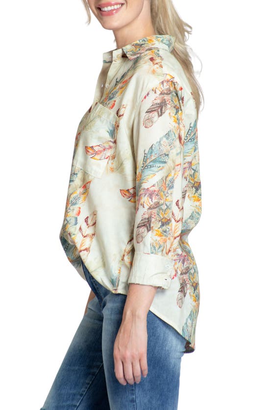 Apny Oversize Feather Print Button-up Shirt In Beige Multi