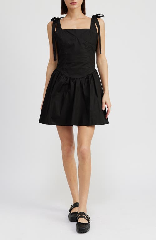 En Saison Charlie Tie Strap Cotton Poplin Minidress Black at Nordstrom,