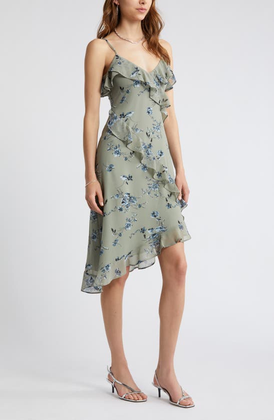 Shop Open Edit Floral Print Ruffle Chiffon Dress In Green- Blue Smudge Floral