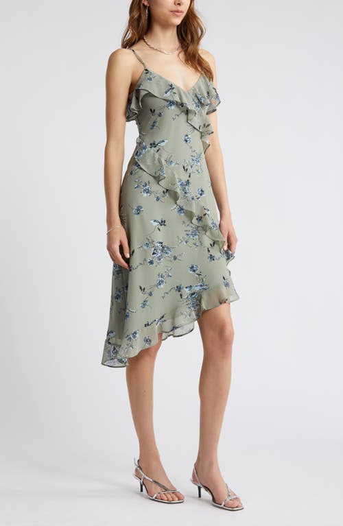 Floral Print Ruffle Chiffon Dress in Green- Blue Smudge Floral