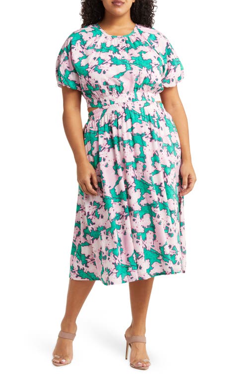 Chelsea28 Puff Sleeve Side Cutout Organic Cotton Blend Dress in Green- Pink Shadows