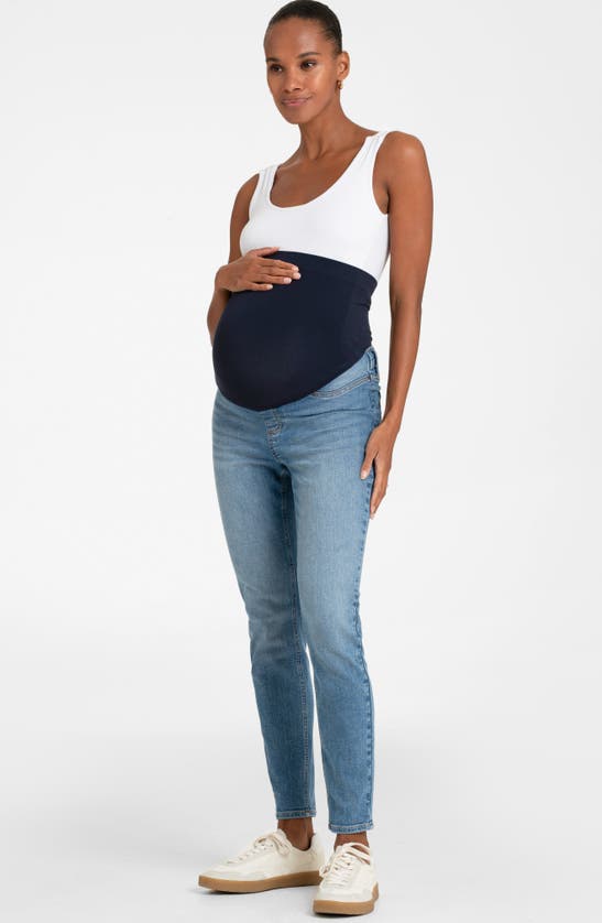 Shop Seraphine Over The Bump Skinny Maternity Jeans In Light Blue