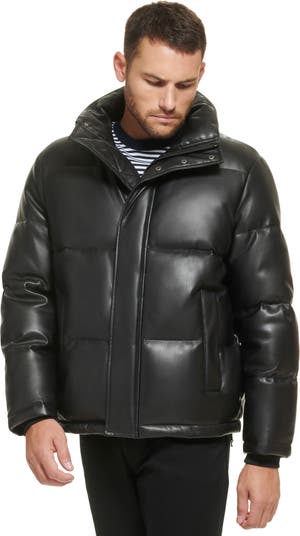 Calvin Klein Men's Faux Leather Puffer Jacket - Black - M
