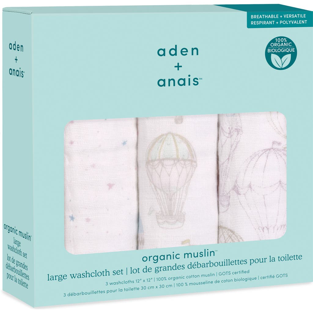 aden + anais 3-Pack Assorted Organic Cotton Muslin Washcloths in Above The Clouds Pink