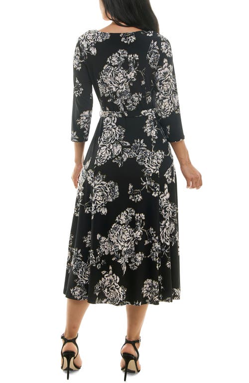 Nina Leonard Sylvia Floral A-line Midi Dress In Black/tan Foil