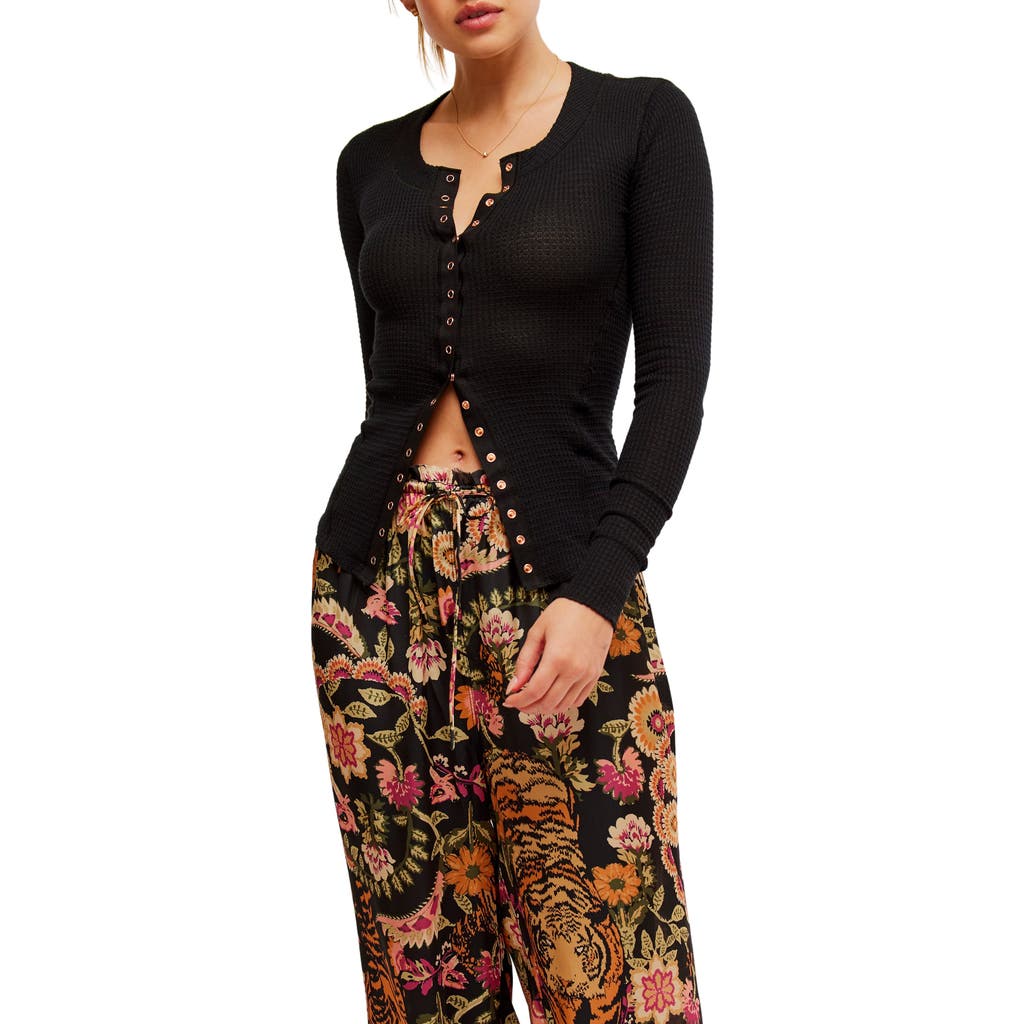 Free People Going Places Fitted Waffle Knit Cardigan In Black