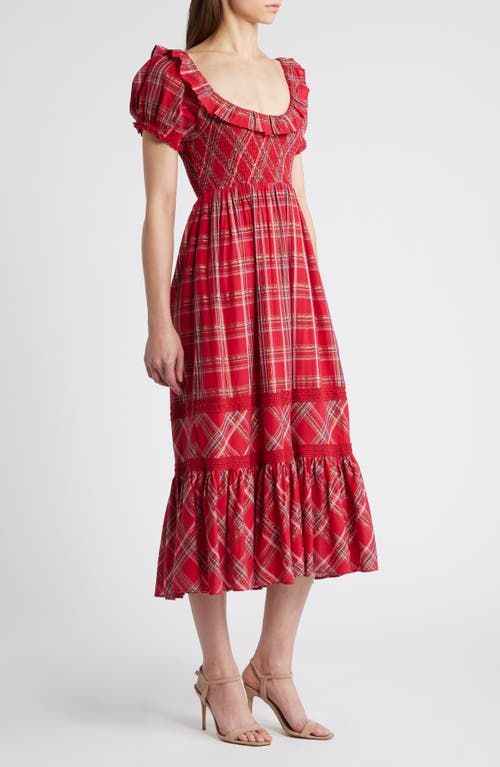 Shop Loveshackfancy Gerania Metallic Plaid Cotton Midi Dress In Cheery Red