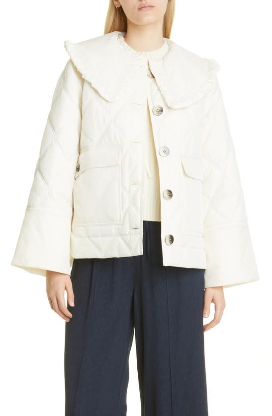 Ganni Ruffled-edge Quilted Recycled-ripstop Jacket In Egret