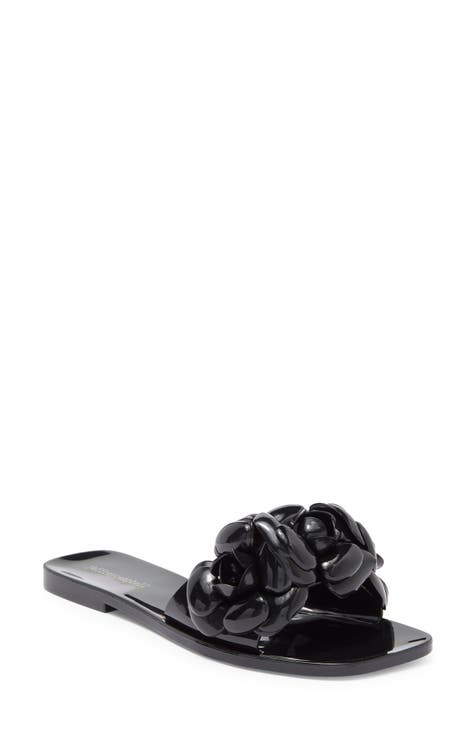 FLAT LEATHER SLIDER SANDALS - Black