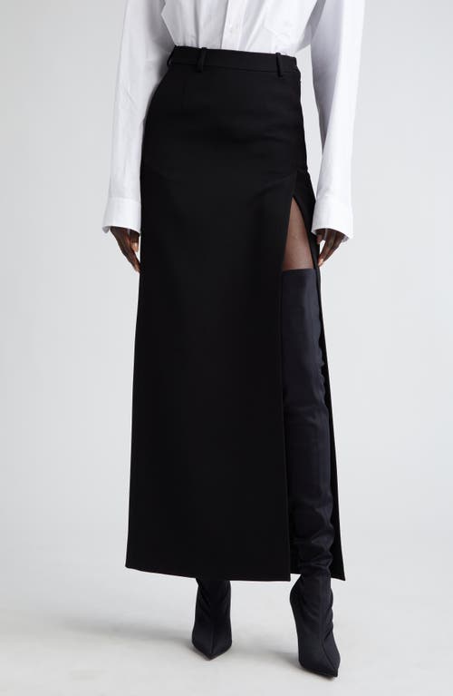 Slit Tailored Stretch Wool Midi Skirt in Black